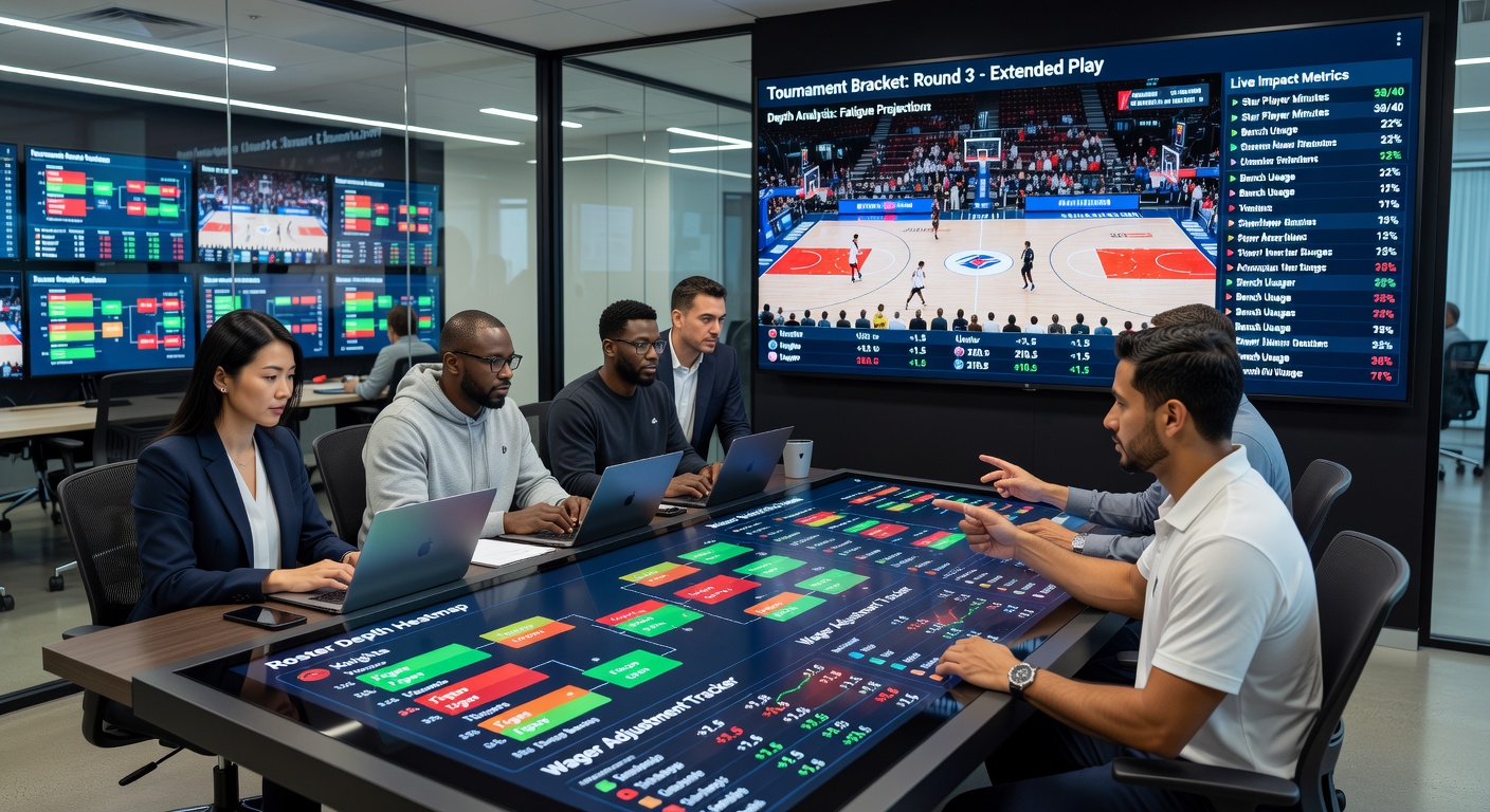 Spielerwechsel und Bankspieler während eines Basketball-Turniers mit Fokus auf Kaderstärke