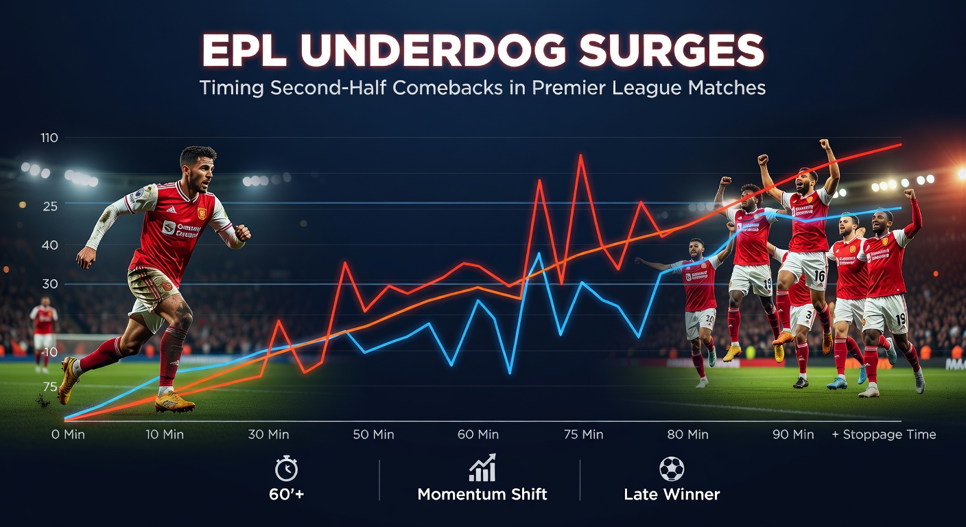 Grafik mit Statistiken zu Premier-League-Comebacks, die die Torverteilung in der zweiten Halbzeit visualisiert, inklusive Balkendiagrammen für Underdog-Siege