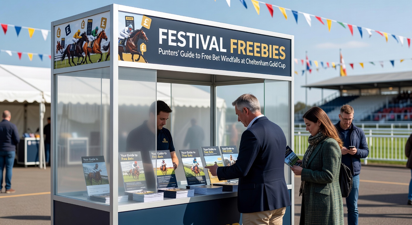 Pferderennen beim Cheltenham Gold Cup mit jubelnden Zuschauern und Buchmachern im Hintergrund