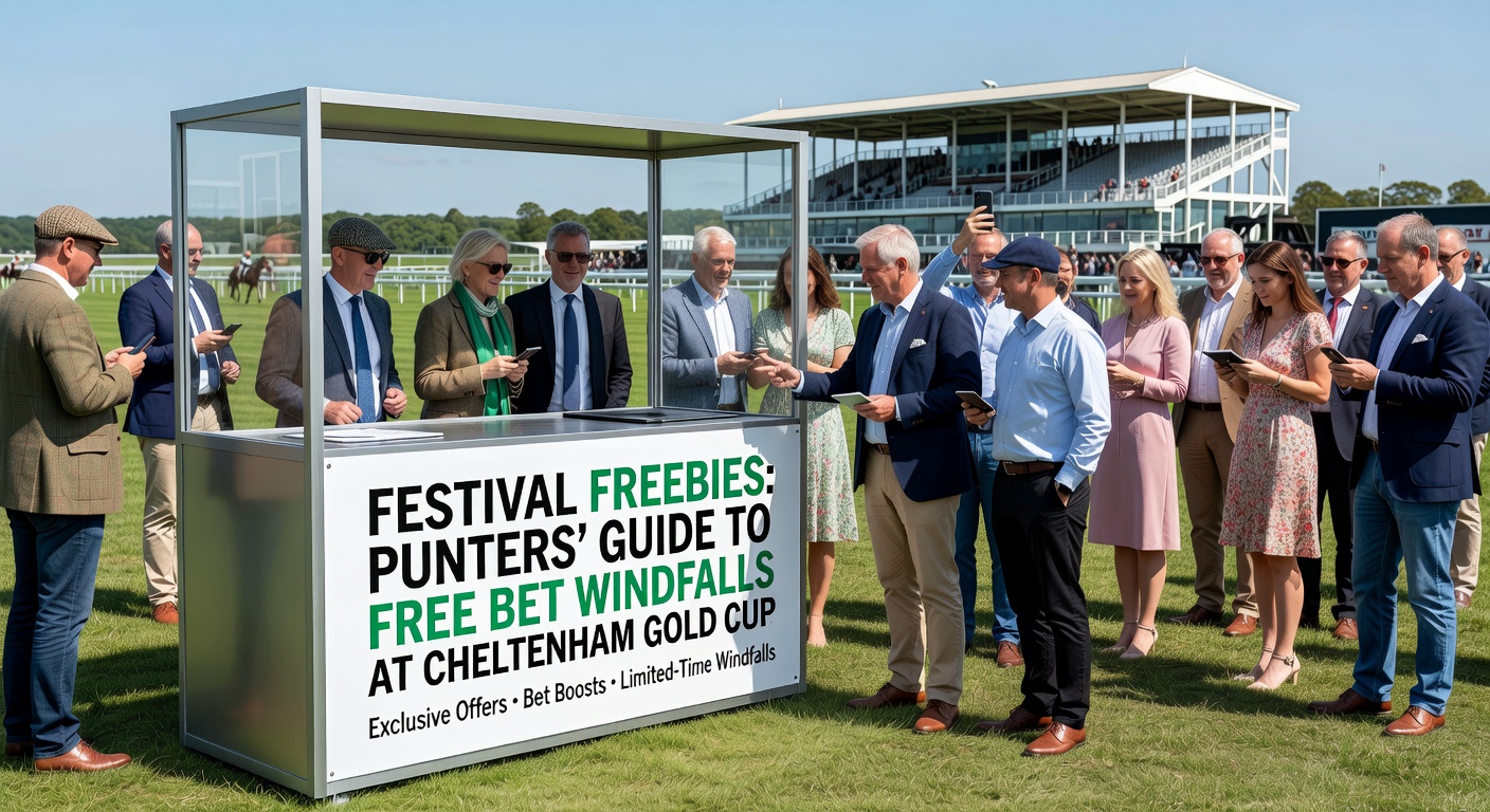 Buchmacher-Stand mit Free-Bet-Plakaten während des Cheltenham Festivals, umgeben von aufgeregten Wettern