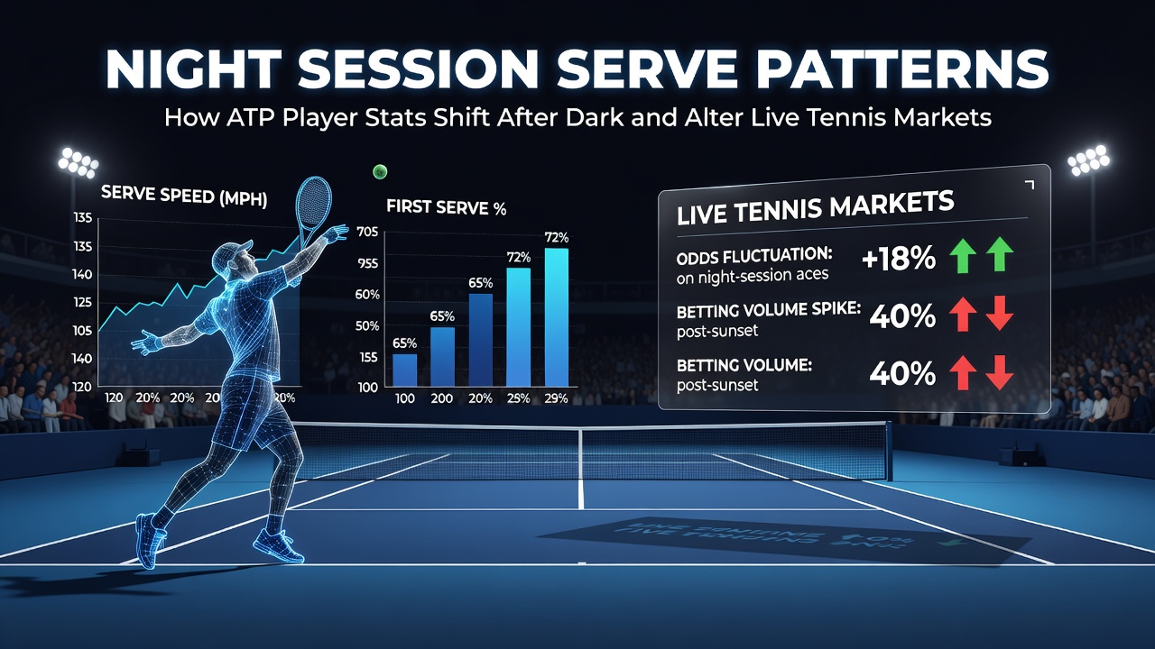 ATP-Spieler bei einer Nachtsession mit Fokus auf Serve-Technik unter Flutlicht
