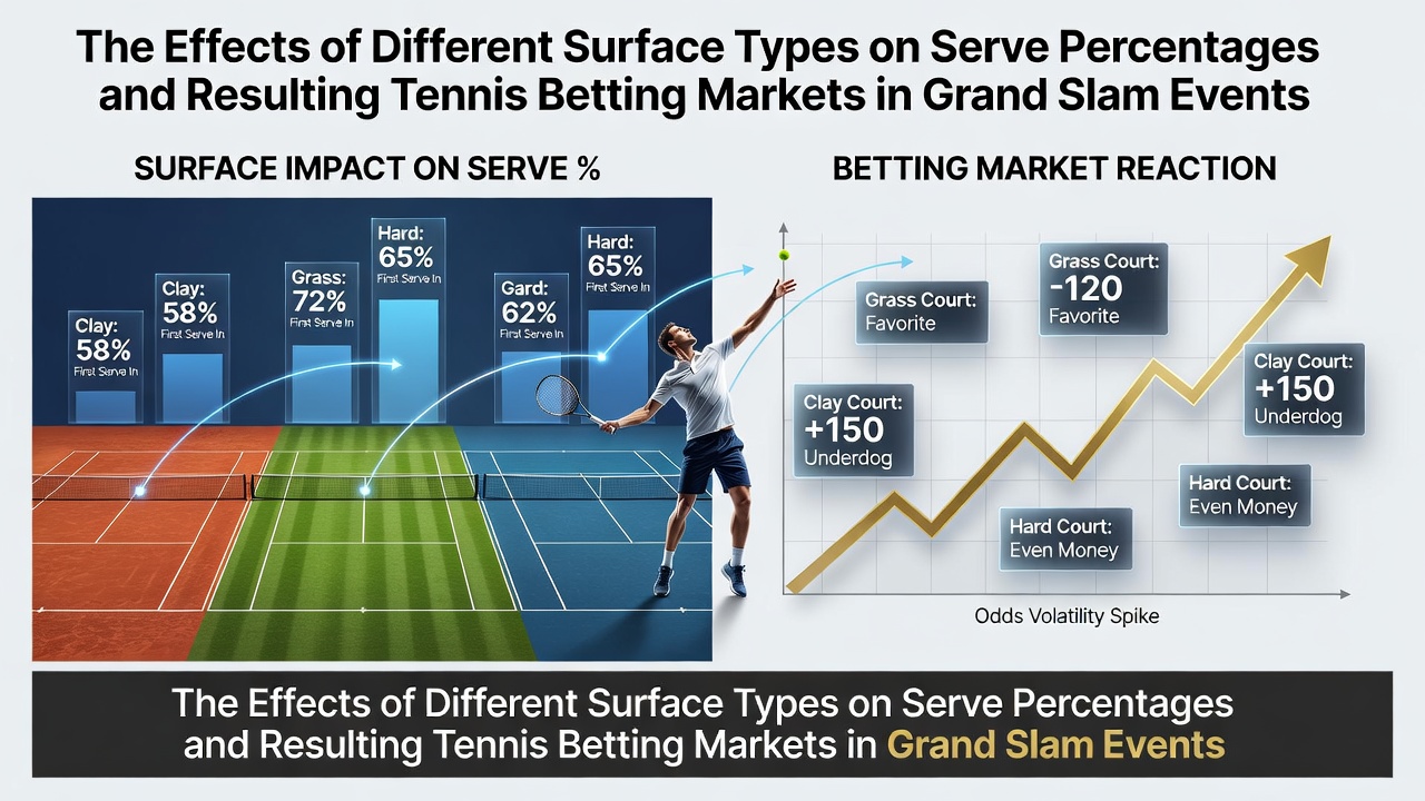 Tennisplatz mit unterschiedlichen Belägen und Aufschlagstatistiken bei Grand Slams